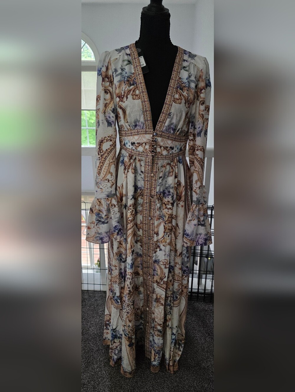 Floral Baroque Print Long Sleeve Dress in Cream and Purple